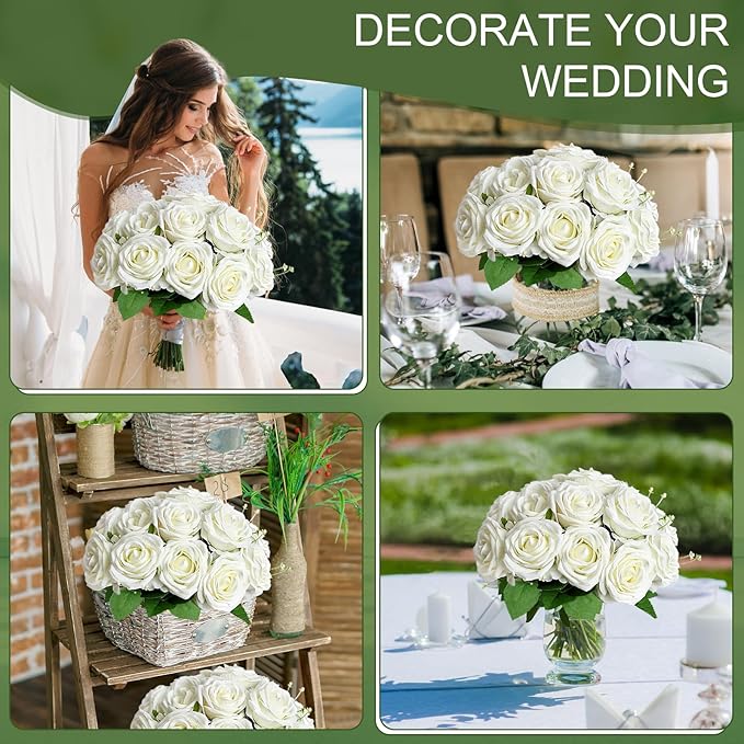 Artificial Roses Bouquets - 8 Bundles Fake Silk Flowers Realistic Faux Florals Bulk for Wedding Bridal Party Baby Shower Event Home Arrangements Centerpieces Decorations (White)