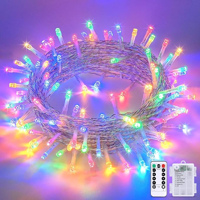 JMEXSUSS Multicolor Christmas Lights Battery Operated with 8 Modes Remote Waterproof, 33ft 100 LED Battery Christmas Lights Indoor Outdoor for Tree Home Party Room Garden Decor