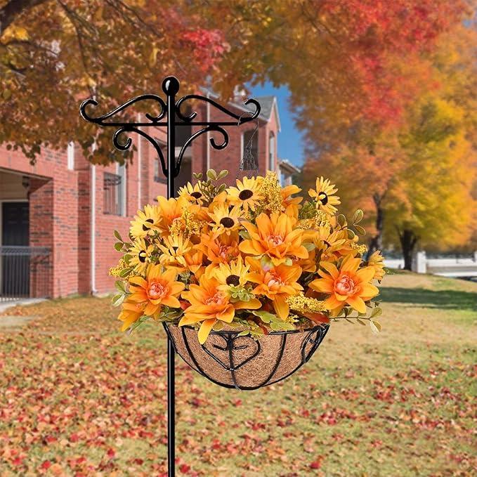 Waipfaru Artificial Fake Fall Hanging Mums Plants Flowers Basket for Outdoor, Faux Mums Floral Hanging Plant in Hang Planter Look Real UV Resistant for Porch Patio Balcony Yard Outdoor Decor (1Pcs)