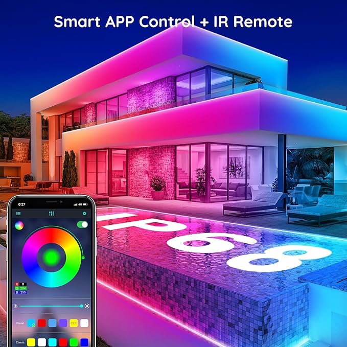 300Ft Outdoor LED Strip Lights Waterproof,Music Sync RGB IP68 Outside Led Light Strips Waterproofs with App and Remote,Exterior Led Rope Lights Waterproof for Deck,Balcony,Roof,Garden,Pool