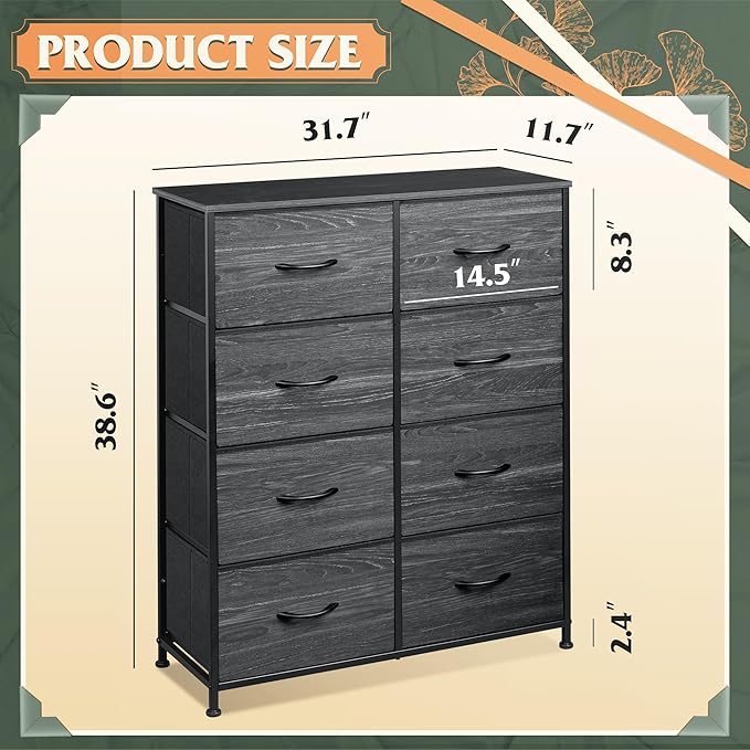 WLIVE Fabric Dresser for Bedroom, Tall Dresser with 8 Drawers, Storage Tower with Fabric Bins, Double Dressers, Chest of Drawers for Closet, Living Room, Dormitory, Charcoal Black Wood Grain Print
