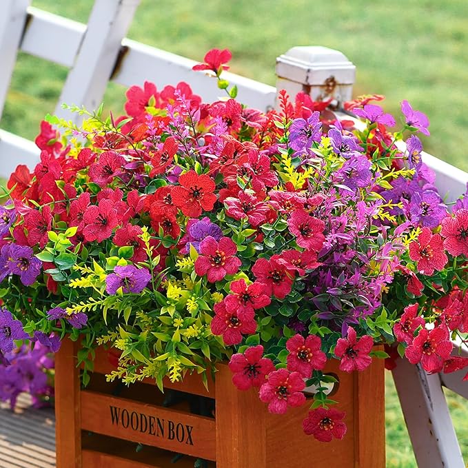 SHareconn 24 Bundles Artificial Flowers for Outdoors Decoration, Faux Plants Fake Silk Colorful Daisy Eucalyptus Lavender, UV Resistant for Outside Planters Home Porch Patio Indoor Spring,Mix 3 Colors