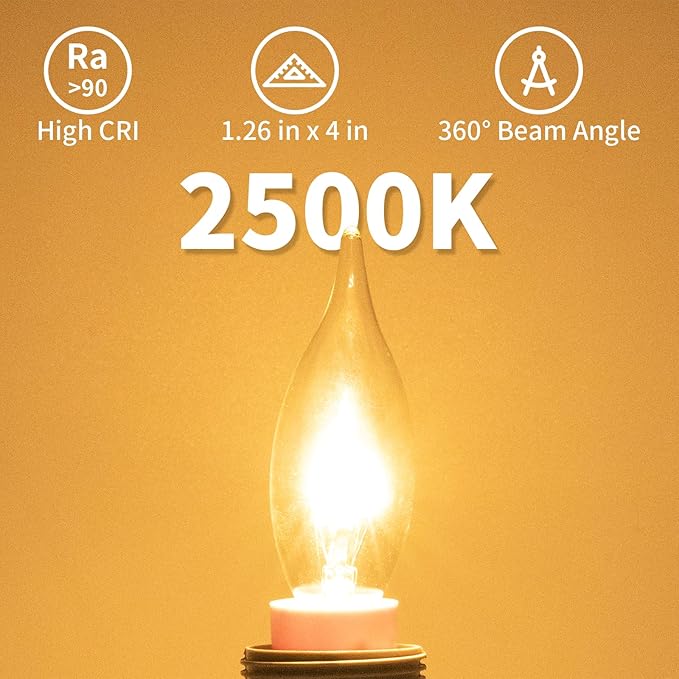 20-Pack E12 Candle Light Bulbs 40W Warm White 2500K, 380 Lumen Dimmable Chandelier Light Bulbs for Ceiling Fan, Pendants or Outdoor, CA10 Clear Candelabra Base Bulbs