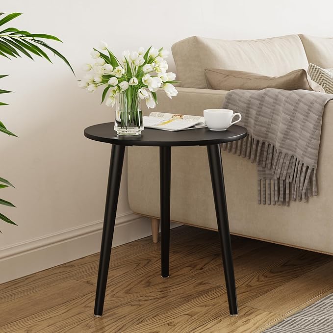 Apicizon Black Round Side Table, Black End Table Bedside Table Nursery with Wood Legs, Nightstand for Living Room, Bedroom, 16.5 x 20.5 Inches
