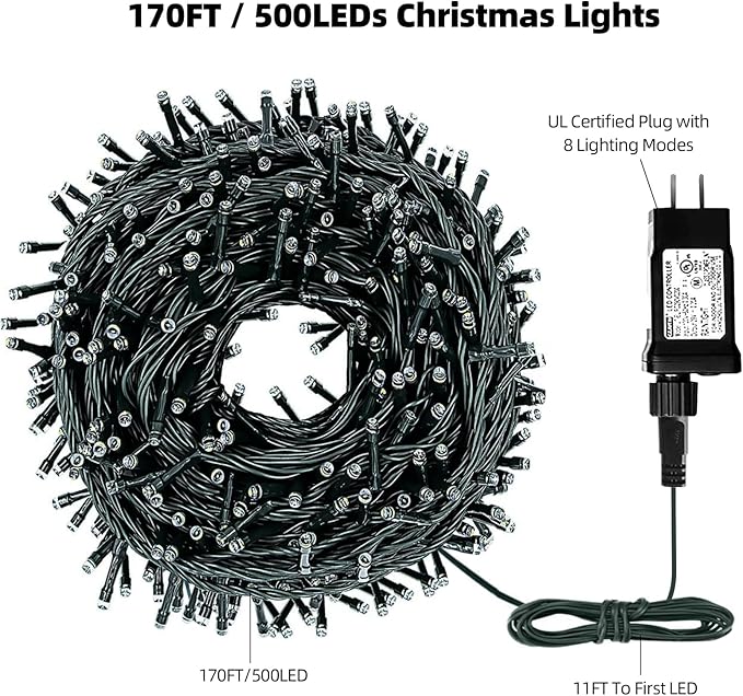 170FT 500 LED Christmas Lights Outdoor Indoor, Waterproof Christmas Tree Lights for Christmas Decorations with Timer, 8 Modes Memory Function (Warm White)