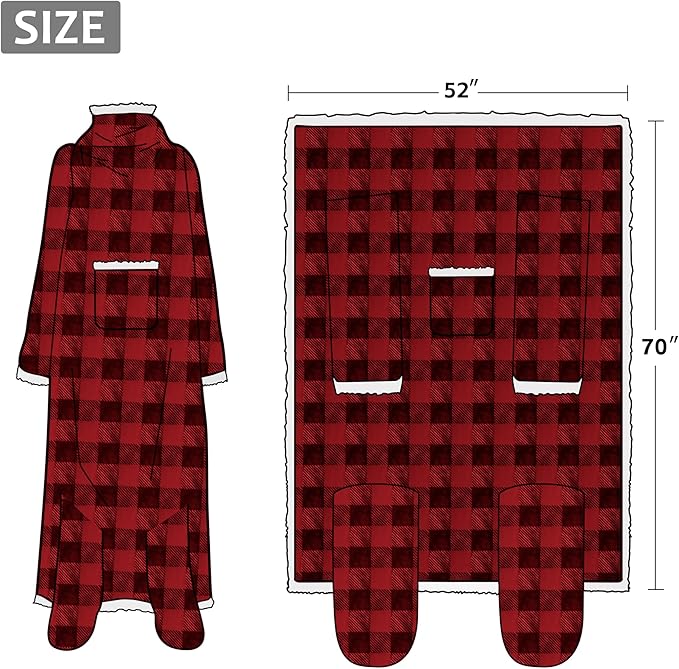 Catalonia Sherpa Wearable Blanket with Sleeves & Foot Pockets for Adult Women Men, Comfy Snuggly Wrap Sleeved Throw Blanket Robe, Gift Idea, Red Checker Plaid