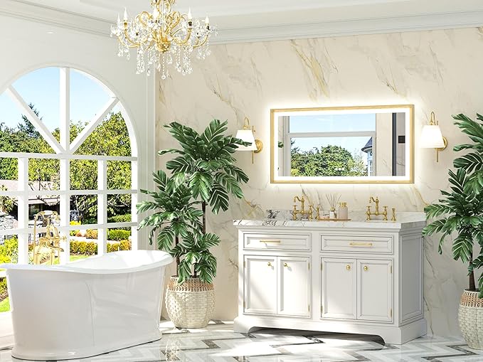 TETOTE 48x24 LED Bathroom Mirror with Lights Gold Frame Frontlit & Backlit Lighted Vanity Mirror Baroque Anti Fog Dimmable White/Warm/Natural,CRI90+,Waterproof,Wall Mounted(Horizontal/Vertical)