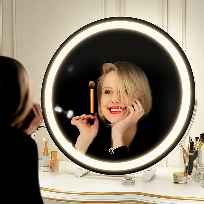 Vanity Makeup Mirror with Lights, 18 Inch LED Makeup Mirror, Lighted Vanity Mirror with Lights, Smart Touch Control 3 Colors Dimmable Round Mirror, Tabletop ＆ Desk Mirror, 360°Rotation (White)