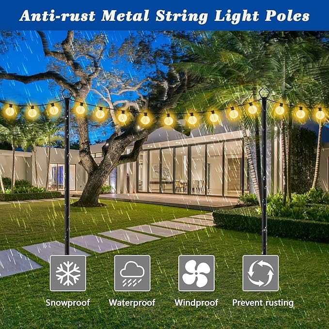 10 Pack 10Ft String Poles, Poles for Outside String Lights,Outdoor with Fork,Metal Poles Stand for Patio,Backyard,Deck