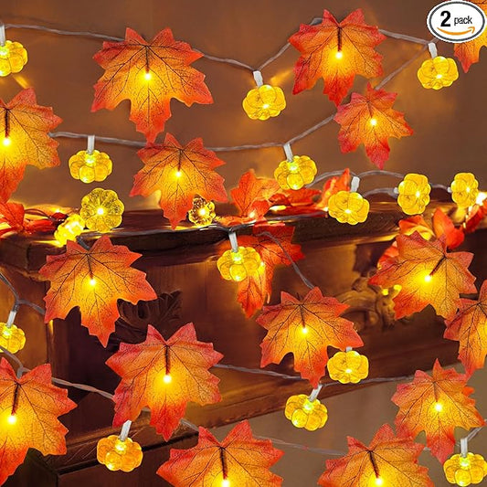 2 Pack & Timer - Thanksgiving Decorations Fall Garland with Pumpkin Lights Fall Decorations for Home, Total 60LED 20Ft Maples Leaves Thanksgiving Lights Battery Operated Indoor Outdoor Christmas Decor