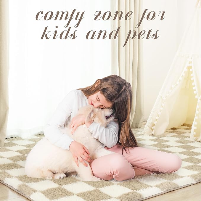 Super Soft Rug for Bedroom, 4x6 Ft Beige and White Area Rug Classic Checkered Shaggy Anti-Skid High Pile Soft Fluffy Rug Fuzzy Carpet for Living Room Bedroom Kids Room Nursery, Dorm Home Decor