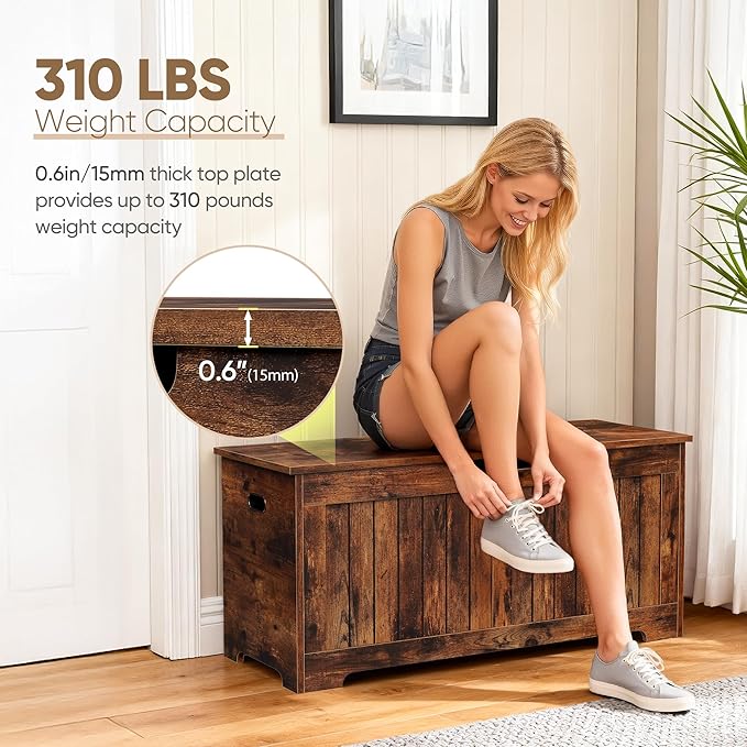 Wooden Storage Chest Box with Flip-top Lid & Safety Hinge, 39.4 Inch Living Room Organizer, Bedroom Bench, Rustic Brown