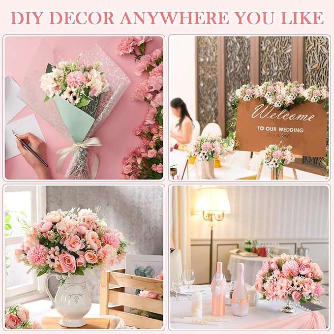 Tigeen 12 Pcs Peonies Artificial Flowers Faux Roses Silk Flowers Hydrangea Artificial Bouquet for Wedding Table Centerpiece Floral Vase Home Office Bridal Decor (Pink)