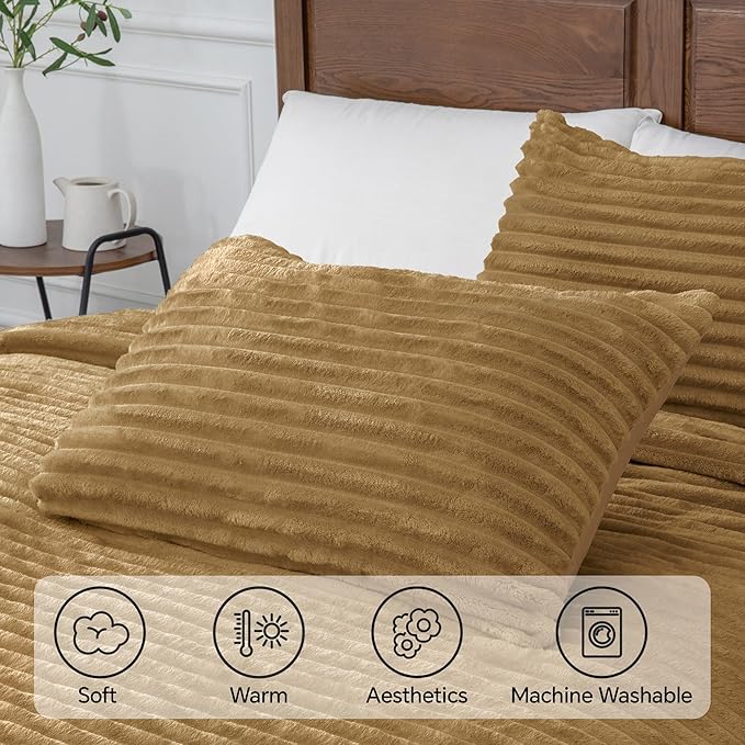 BEDELITE Fleece King Comforter Set -Super Soft & Warm Fluffy Brown Bedding, Luxury Fuzzy Heavy Bed Set for Winter with 2 Pillow Cases