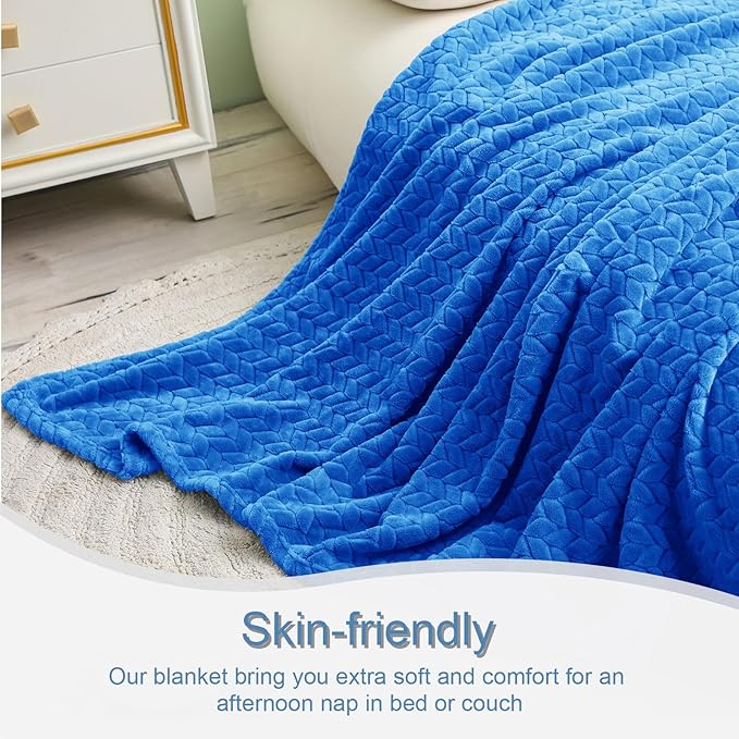 Exclusivo Mezcla Fleece Queen Size Blanket for Bed, 90x90 Inches Soft Cozy Jacquard Flannel Blankets, Lightweight Fuzzy Plush Warm for Winter, Cobalt Blue