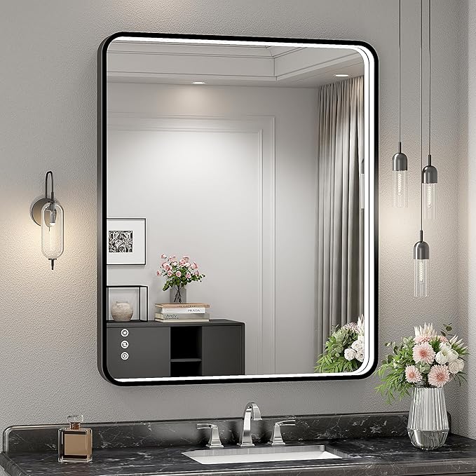 30x36 Inch LED Bathroom Mirror with Lights, Black Metal Framed LED Mirror for Bathroom, 3 Colors and Stepless Dimmable Wall Mounted Lighted Bathroom Vanity Mirror, Anti-Fog, Memory