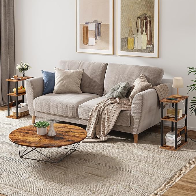 Narrow Side Table with Charging Station, 2 Set Skinny End Tables for Small Spaces, Sofa Beside-Table with Storage Shelf, Slim Nightstand with USB Ports Outlet, Couch Tables Rustic Brown UTBT003F2