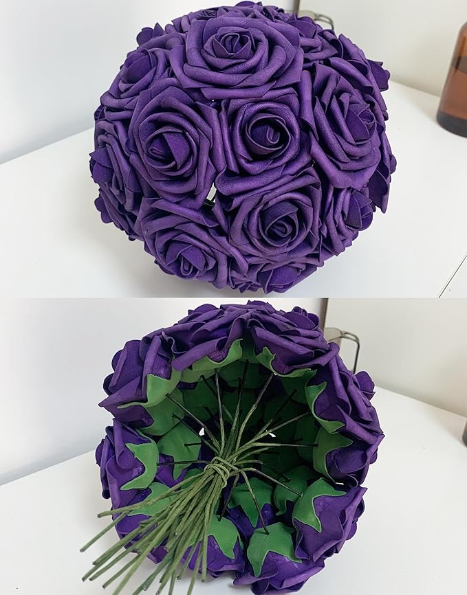 Dark Purple Artificial Roses 50 PCS Flowers with Stem, Fake Rose Heads Bouquets for DIY Wedding Decorations Centerpieces Arrangements Party Home Garden Porch Window Decor