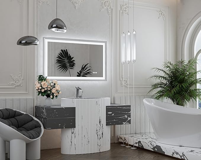 TETOTE LED Bathroom Mirror with Lights Brushed Nickel Metal Framed 40x24 Frontlit & Backlit Silver Vanity Mirror Baroque Antifog Stepless Dimmable White/Warm/Natural,Wall Mounted(Horizontal/Vertical)
