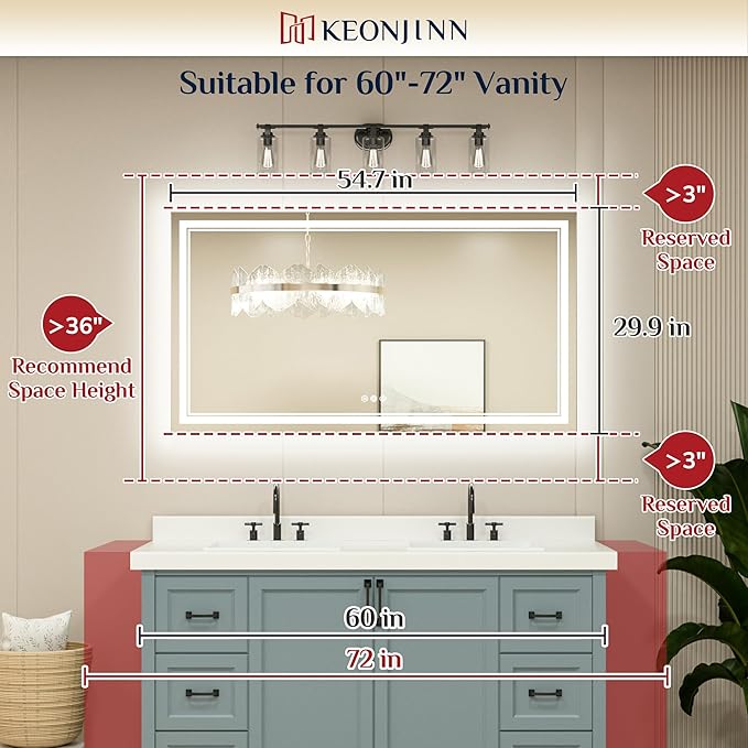 Keonjinn 55 x 30 Inch Bathroom LED Mirror, Oversized Lighted Bathroom Mirror, UL Listed LED Driver, HD Tempered Glass, Easy Installation, Anti-Fog, Memory Dimmable 6000K, CRI 90+(Horizontal/Vertical)