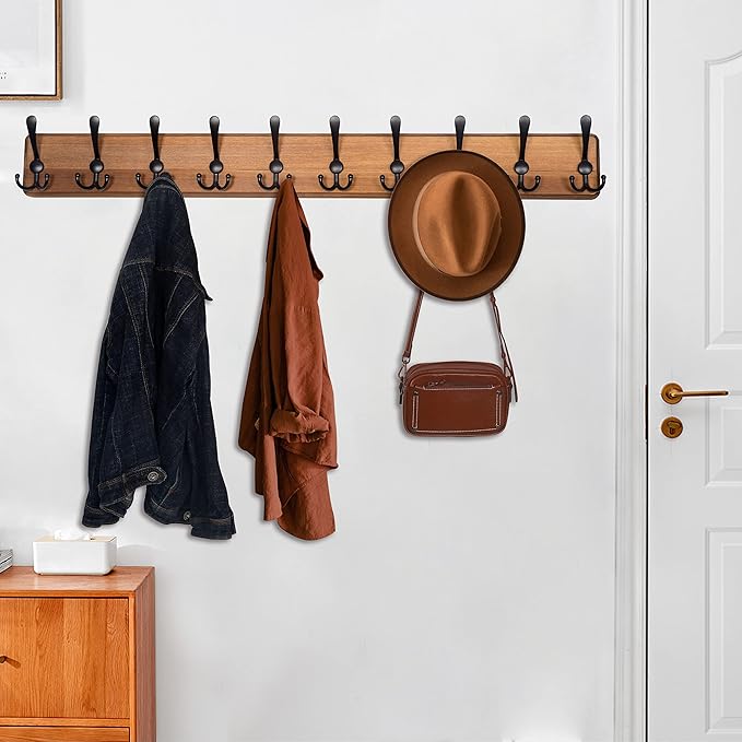 WEBI Coat Rack Wall Mount,38 9/16" Long,10 Hooks,Wood Coat Hooks Wall Mounted Coat Hanger Wall Hook Rack,Triple Hooks for Hanging Coats,Clothes,Jacket,Brown,2 Packs
