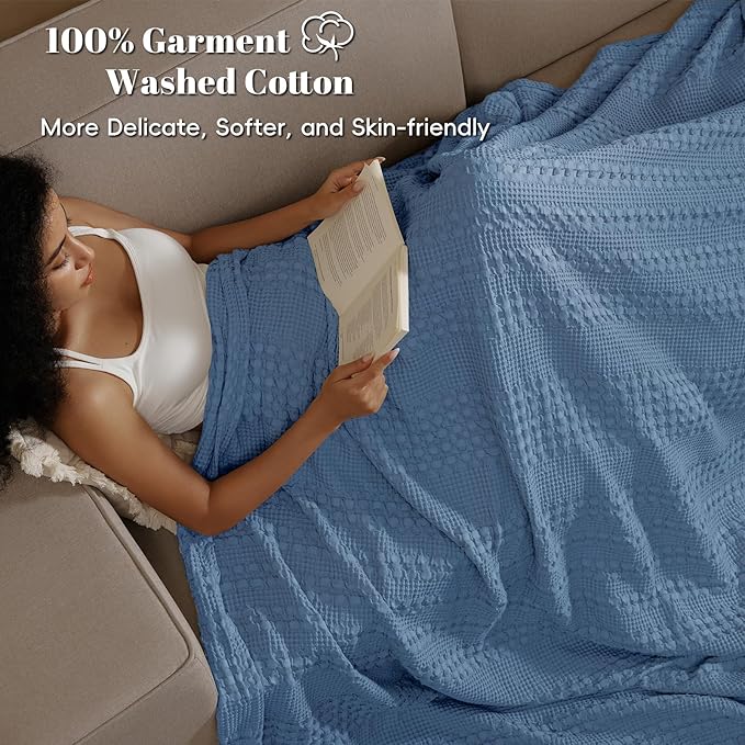 PHF 100% Cotton Waffle Weave Blanket Twin Size for Bed, Soft Lightweight & Breathable, All-Season Comfort, Luxury Aesthetic Woven Bedding for Home Decor, 66"x90", Denim Blue