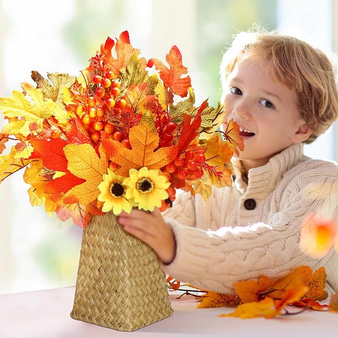 Ceenna 16 Bundles Fall Artificial Flowers for Outdoors Decorations Floral Picks Stem Fake Mums Eucalyptus Maple Leaves Berry for Garden Autumn Thanksgiving Arrangement(11 Inch,Maple Leaf)
