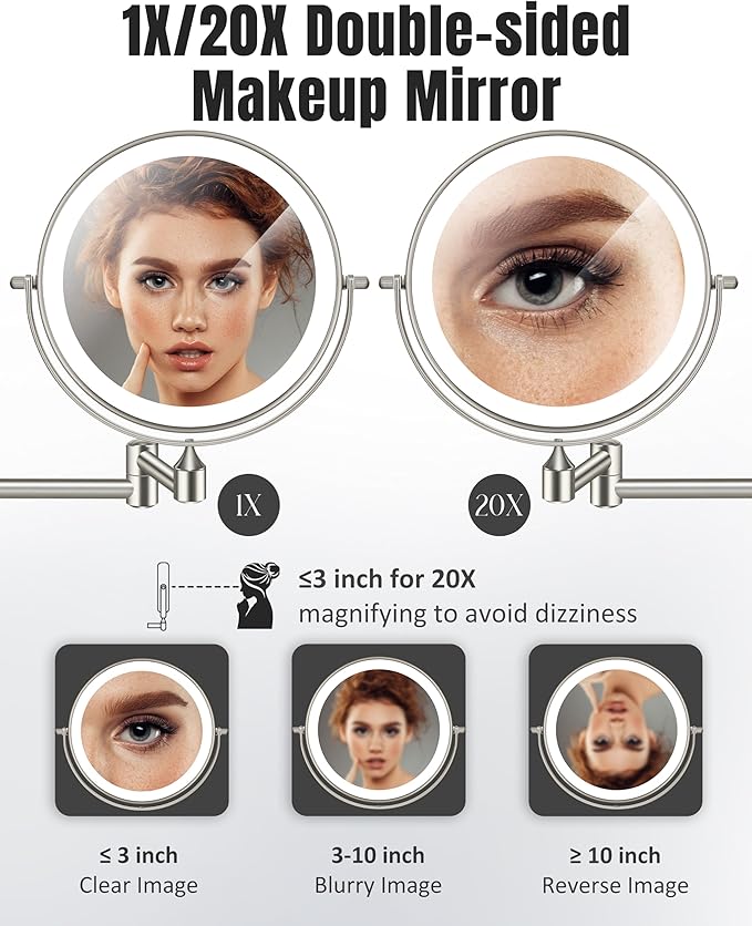 Wall Mounted Makeup Mirror with Light, 20X/1X 8'' Double Sided LED Magnifying Bathroom Lighted Vanity Mirror with Magnification, 3 Color Light up Touch Dimmable Extended Arm 360 Rotation