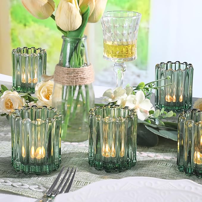 Glass Green Votive Candle Holder, Ribbed Votive Candle Holders Set of 12, Tealight Candle Holder for Wedding Centerpieces Dinner Party Table Decor