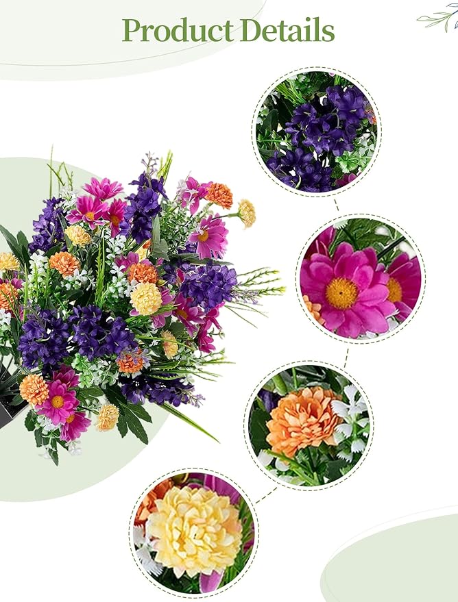 Artificial Cemetery Flowers for Grave: Memorial Day Flowers for Cemetery - Outdoor Grave Decorations - 2 Pcs Purple Violet Mums Bouquets with Vases