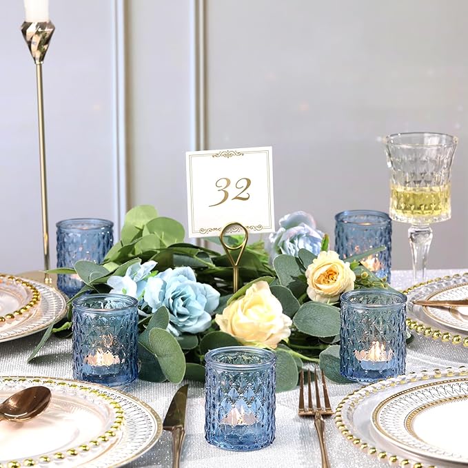 12pcs Blue Votive Candle Holders-Glass Candle Holder for Centerpiece Table Decorations, Tea Light Candle Holders for Wedding Decor, Home Decor, Baby Shower and Party Decor