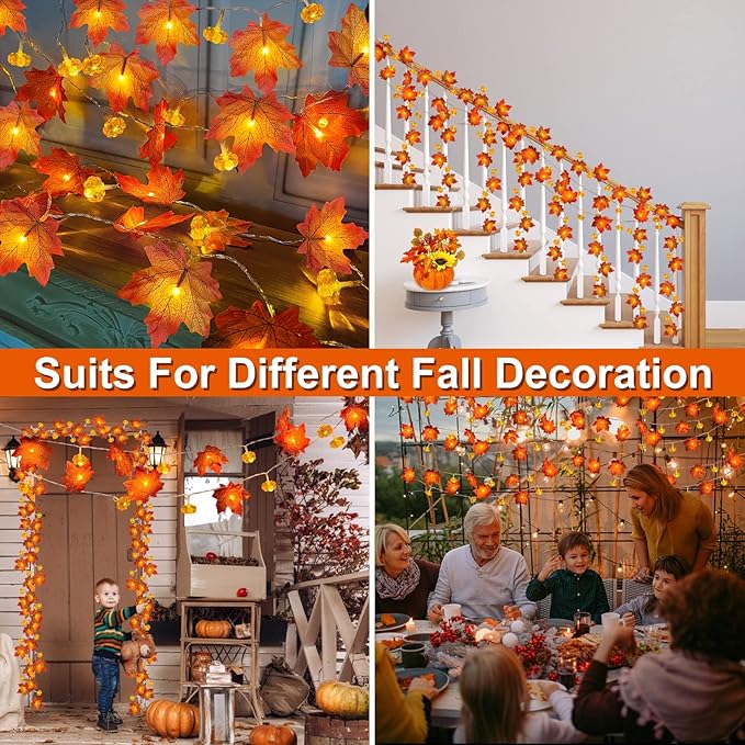 2 Pack & Timer - Thanksgiving Decorations Fall Garland with Pumpkin Lights Fall Decorations for Home, Total 60LED 20Ft Maples Leaves Thanksgiving Lights Battery Operated Indoor Outdoor Christmas Decor