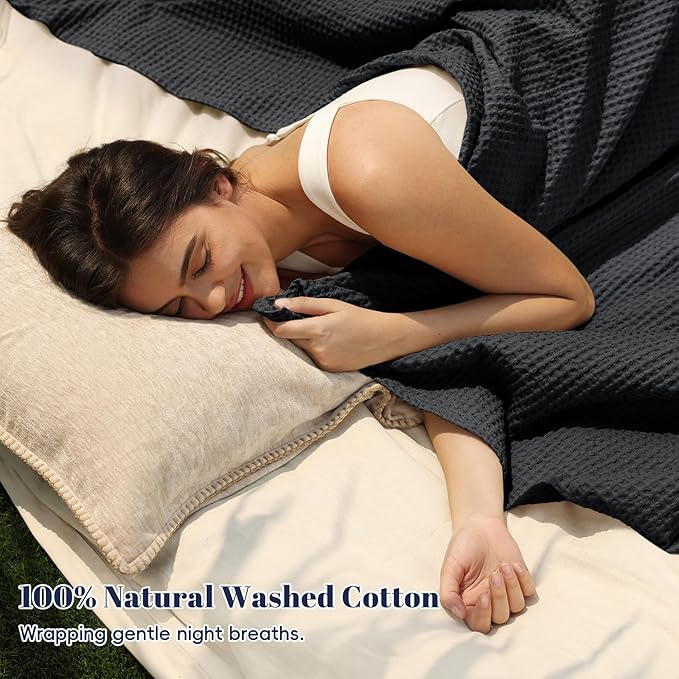 PHF 100% Cotton Waffle Weave Blanket Queen Size 90"x90" - Lightweight Washed Soft Breathable - Perfect Layer for Couch Bed Sofa - Elegant Home Decoration Gift - Black