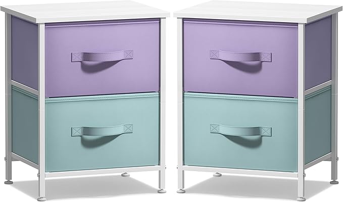 Sorbus Nightstand with 2 Drawers - Kids Bedside Furniture End Table Night Stand - Steel Frame, Wood Top & Easy Pull Fabric Bins - Dresser & Chest for Home, Bedroom Accessories, Office & Dorm (2 Pack)