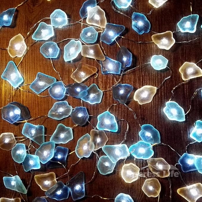 Impress Life Ocean Decor String Lights, Sea Glass Festive Beach Themed 10 ft 40 LEDs Battery&USB Cord Operated Decorative Lights with Remote Timer for Tent Wedding Nursery Bedroom Party Ornament