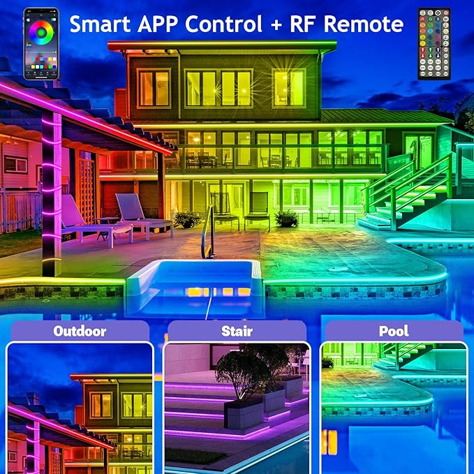 500ft Outdoor LED Strip Lights Waterproof,IP68 Outside Led Light Strips Waterproof with Bluetooth App Remote Control,Music Sync RGB Exterior Led Rope Lights,for Balcony,Deck,Roof,Garden,Pool (500FT)
