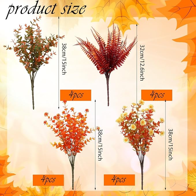 Ceenna 16 Bundles Fall Artificial Flowers for Outdoors Decorations Floral Picks Stem Fake Mums Eucalyptus Maple Leaves Berry for Garden Autumn Thanksgiving Arrangement (15 Inch,Eucalyptus)