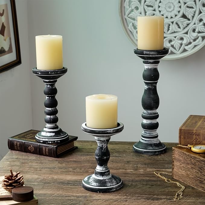 Wood Pillar Candle Holder: 3Pcs Rustic Candle Holders for Pillar Candles Wood Candle Holders Distressed Wooden Farmhouse Large Candle Holder for Fireplace Table (Black, 6", 8", 12")