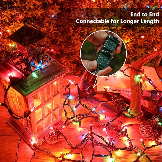 ODEETRONIC Multicolor Christmas Lights, 21.63ft 100 Count Incandescent holiday Lights Connectable, 120V UL Certified Mini Christmas Tree Light for Xmas, Party, House Indoor & Outdoor Decor, Green Wire