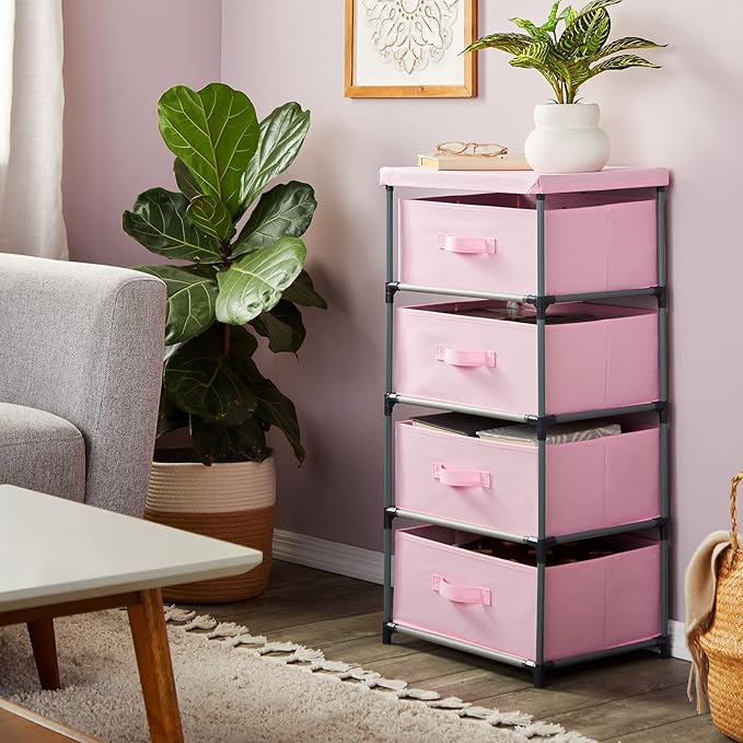 Juvale 4-Tier Dresser for Bedroom - 16.5 x 13 x 33 in, Pink, Modern - Closet Dresser with 4 Fabric Drawers for Clothes & Bedroom Storage