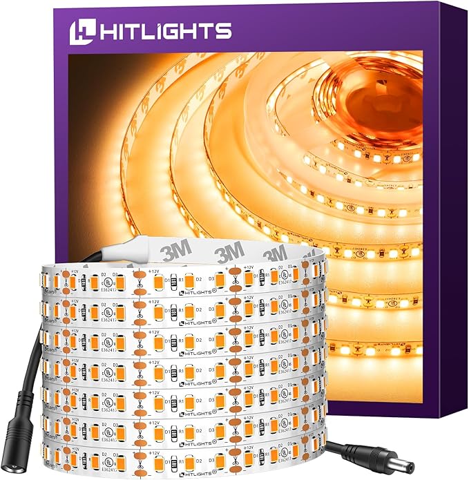 HitLights LED Strip Lights Warm White 2700K, 16.4ft High Density Tape Light for Bedroom, 600 LEDs/Reel, 300LM/Feet, UL-Listed, 12V Flexible Dimmable Rope Lights for Room, Home, Under Cabinet Lighting