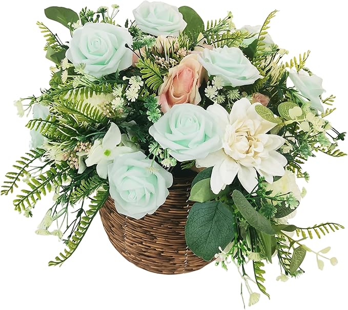 Artificial Fake Flowers 25pcs Roses, Light Green Foam Rose Faux Flower for DIY Wedding Bouquets Bridal Shower Centerpieces Floral Arrangements Party Table Home Decorations