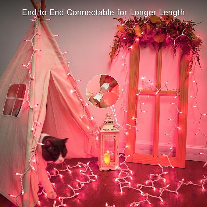 Brizled Pink Christmas Lights,300 Count 69.6ft Incandescent Lights, Connectable Indoor Xmas String Light White Wire, UL Certificated Mini Xmas Tree Light for Christmas Bedroom Wedding Birthday Decor