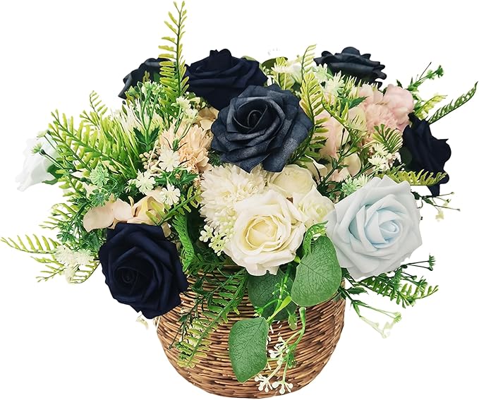 Artificial Fake Flowers 25pcs Roses, Shade of Blue Foam Rose Faux Flower for DIY Wedding Bouquets Bridal Shower Centerpieces Floral Arrangements Party Tables Home Decorations