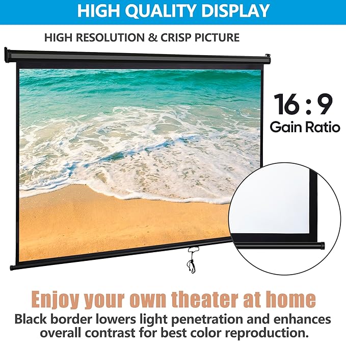 Smartxchoices 80" 16:9 HD Manual Projector Screen with Auto Lock Anti-Crease Home Theater Office Wall Mounted Ceiling Pull Down Projection 1.1 Gain Matte Black, View Size: 72 x 40 inches