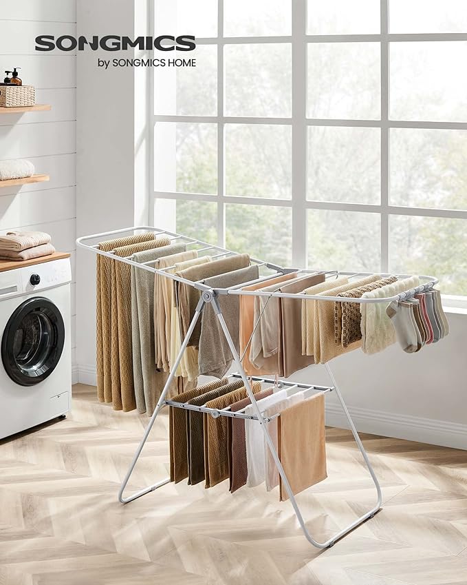 SONGMICS Clothes Drying Rack, with Sock Clips, Metal Laundry Rack, Foldable, Space-Saving, Free-Standing Airer, with 2 Height-Adjustable Gullwings, Indoor Outdoor Use, White and Gray ULLR052W02