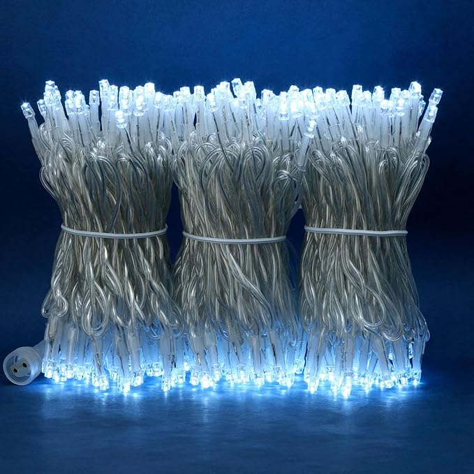 YULETIME 100 ft 300 Count Cool White LED String Lights with Adapter, Clear Wire Wide Angle 5mm Christmas Light (Cool White)