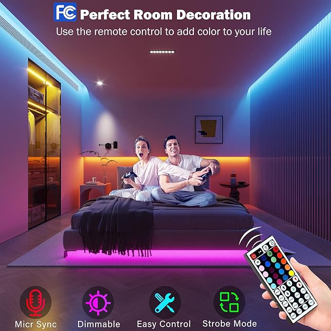 Leeleberd 65.6 ft Led Lights for Bedroom, Bluetooth Smart APP Control 5050 RGB Color Changing Led Strip Lights with Remote Control and Power Adapter Led Lights for Room Kitchen Party Home Decoration