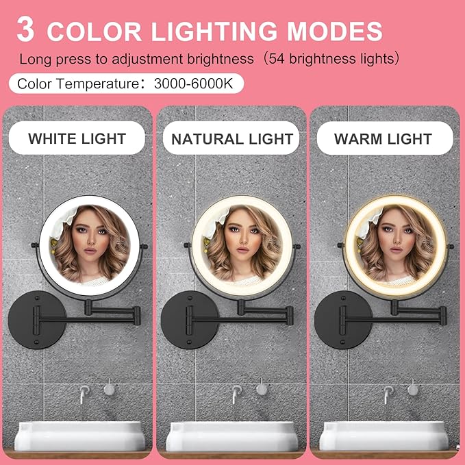 Rechargeable Wall Mounted Lighted Makeup Mirror, 8" Double-Sided Magnifying Vanity Mirror 1X/10X, 3 Color Touch Screen Dimmable Shaving Mirror, 360° Rotation Foldable Bathroom Mirror, Black