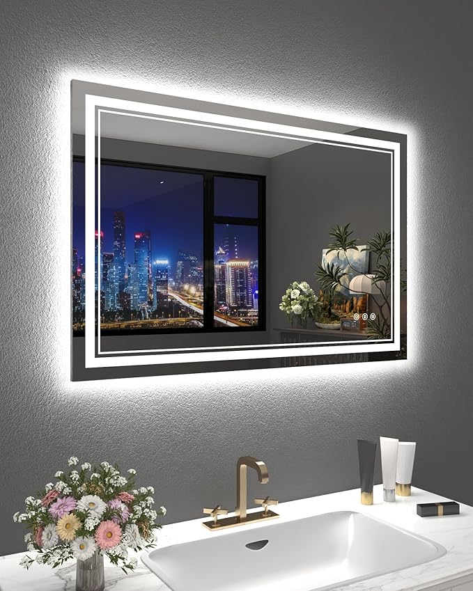 48x32 Inch LED Lighted Bathroom Mirror, Light Up Bathroom Vanity Mirror Unbreakable with 2 Front Lights & Back Lit, 3 Colors Stepless Dimmable, Anti-Fog, Memory Function, Closable Blue Buttons